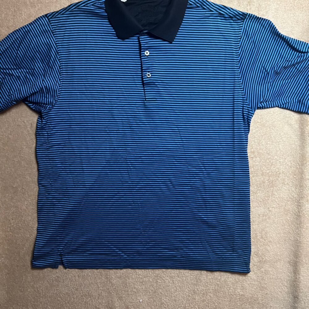 Cutters & Buck Signature Collection Men Medium Black Blue Stripe Button Polo‎